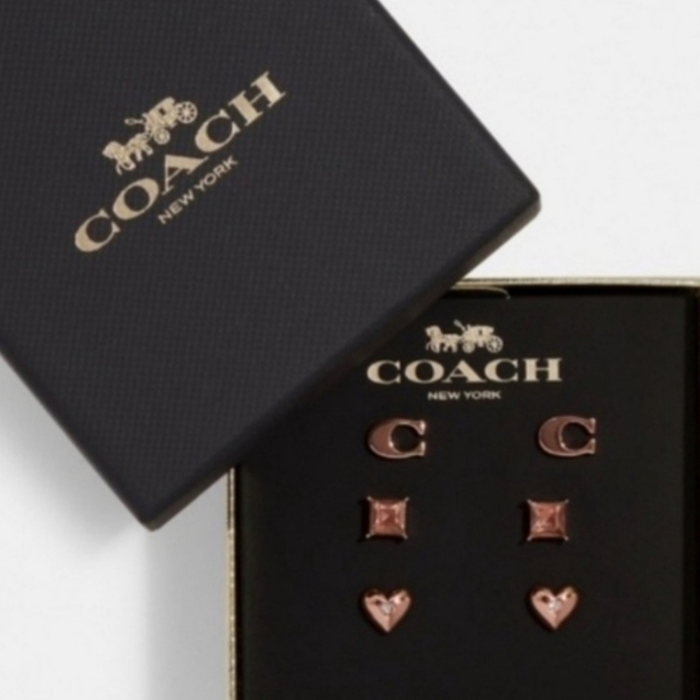 COACH Boxed Signature Pave Heart Stud Earrings Set, 3 pairs Rose Gold Gift NWT